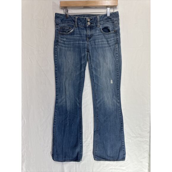 American Eagle Artist Jeans Women's 4 Blue Stretch Flare Low Rise Distressed - Picture 1 of 14